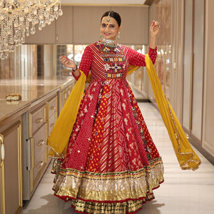 Navratri lehenga red muslin cotton with gold tissue gota hem border