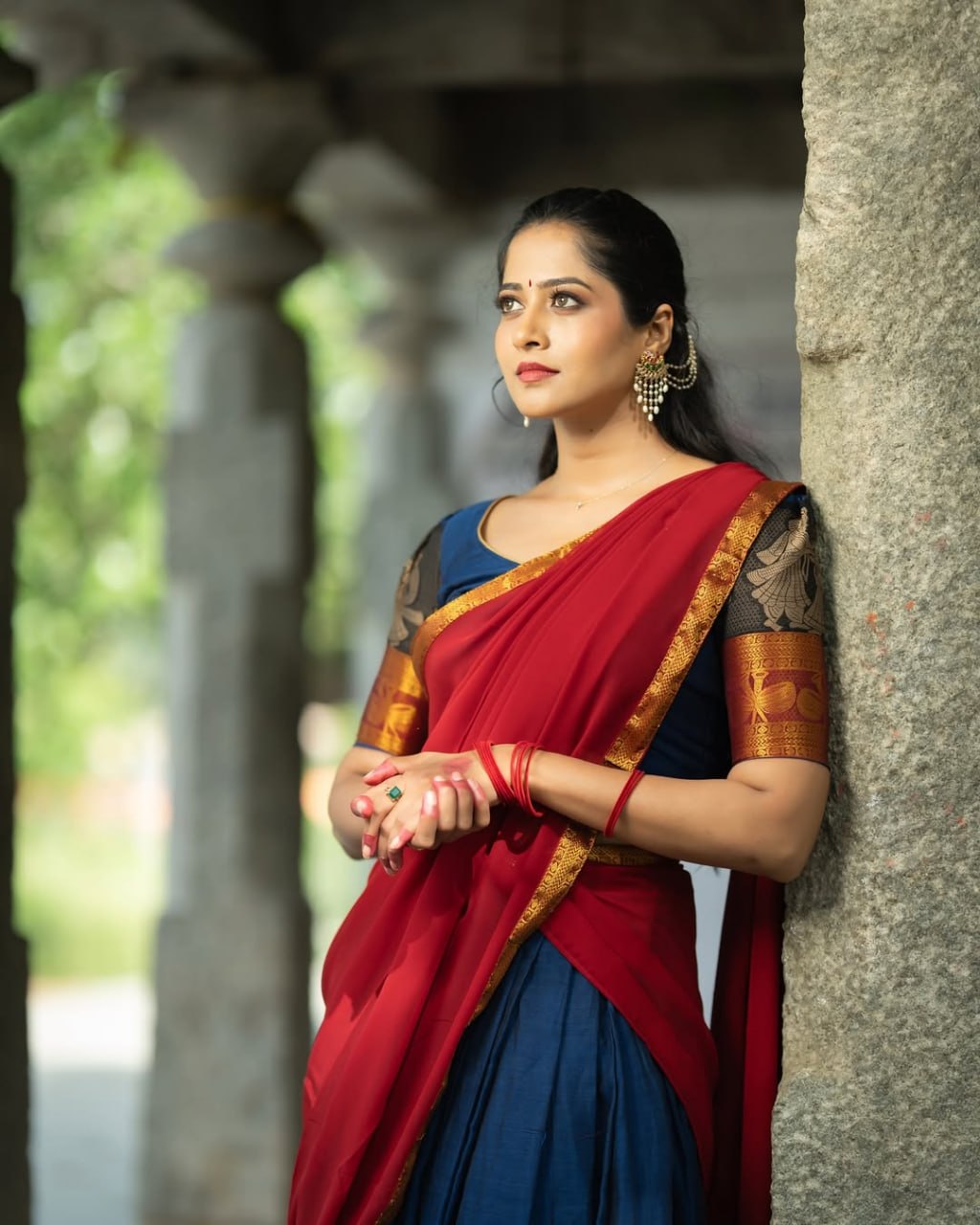 South Indian langa voni in royal blue Kanchi cotton with red dupatta