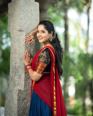 Classic South Indian half saree lehenga royal blue with red contrast at temple