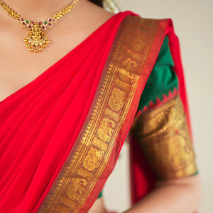 Classic South Indian half saree lehenga green with red contrast
