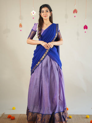 Lavender and royal blue Kanchi cotton half saree lehenga with zari paisley border