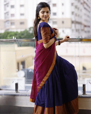 Traditional half saree with woven gold zari border navy wine