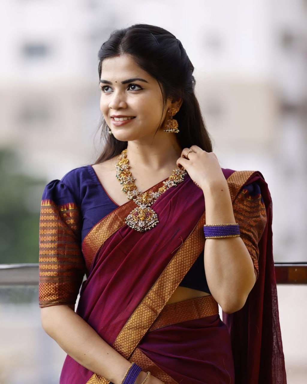 South Indian langa voni in navy Kanchi cotton with wine dupatta