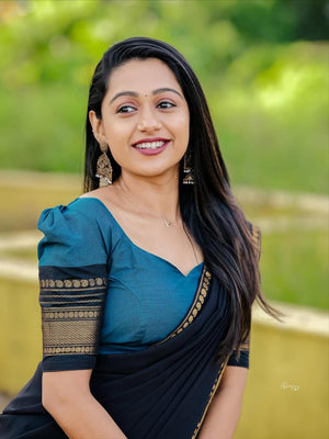 South Indian langa voni in peacock teal Kanchi cotton with black dupatta