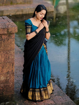 Teal blue and black Kanchi cotton half saree lehenga with zari temple border