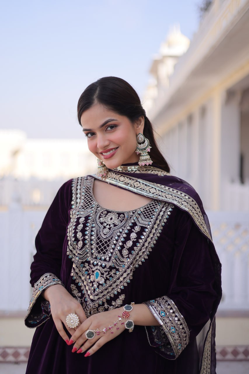 Wine Velvet With Rich Sequins Codding Embroidered Work Suit