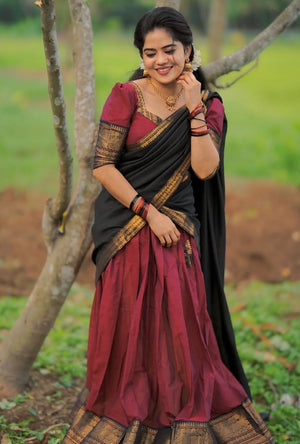 Jewel tone South Indian half saree lehenga wine with navy blue contrast