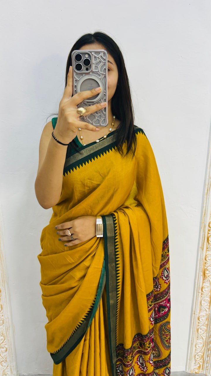 Green Border Musterd Soft Mal Mal Cotton Silk Traditional Kalamkari Saree