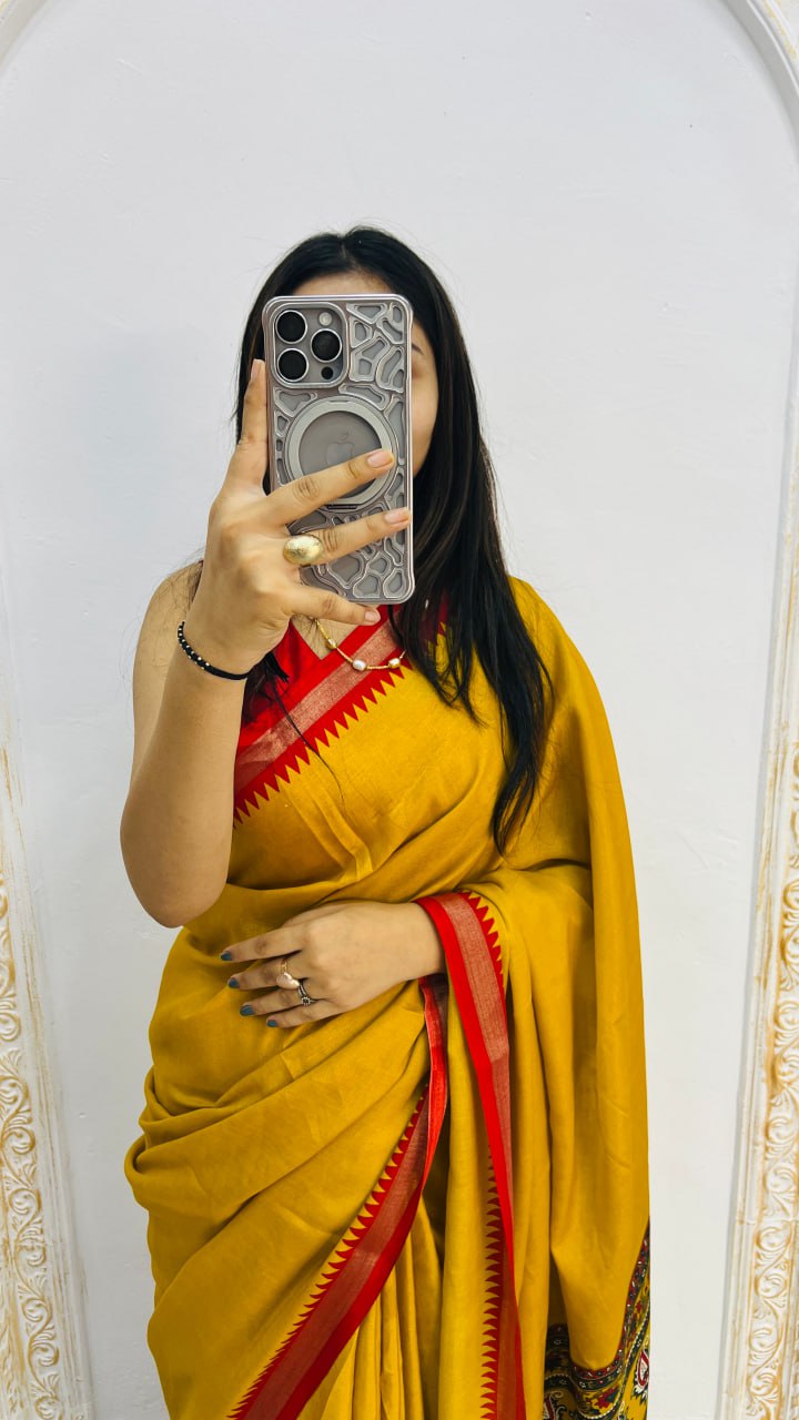 Red Border Musterd Soft Mal Mal Cotton Silk Traditional Kalamkari Saree