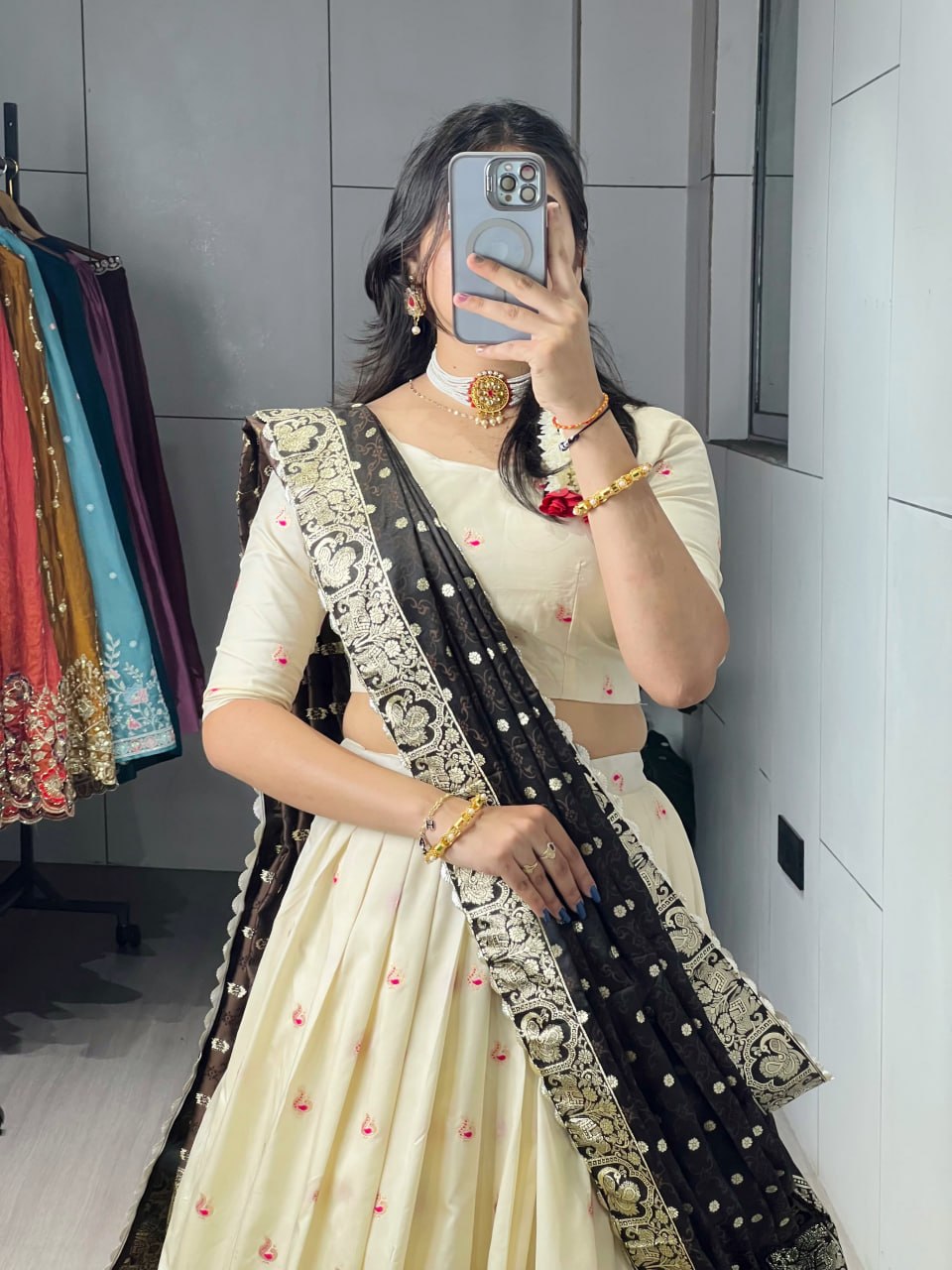 Dark Brown Paithani Silk Lehenga with Rich Zari Weaving & Contrast Work Border