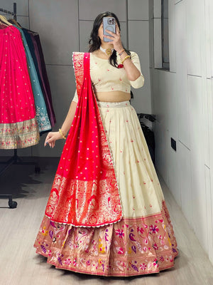 Royal Red Paithani Silk Lehenga with Traditional Zari Weaving and Contrast Border by The Beauty Queen Surat