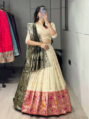 Royal Green Paithani Silk Lehenga with Traditional Zari Weaving and Contrast Border by The Beauty Queen Surat