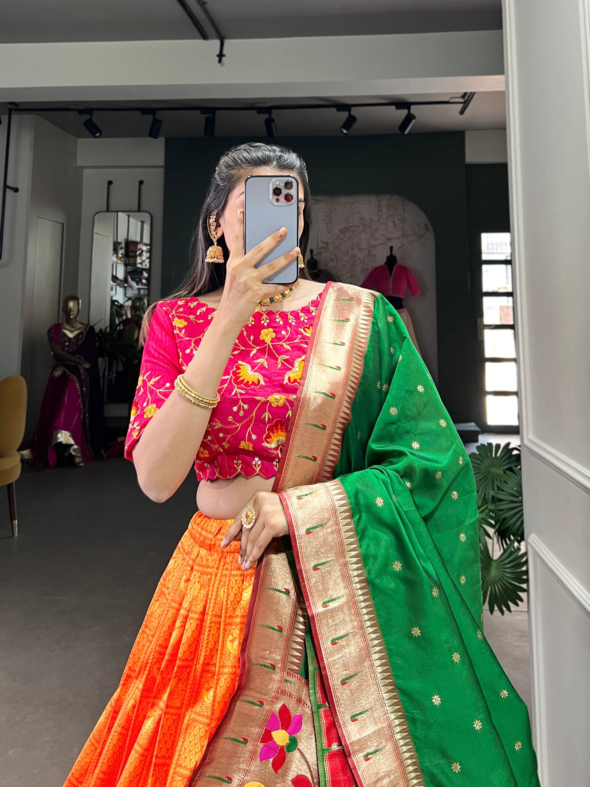 Orange Paithani Zari Weaving Work Lehenga