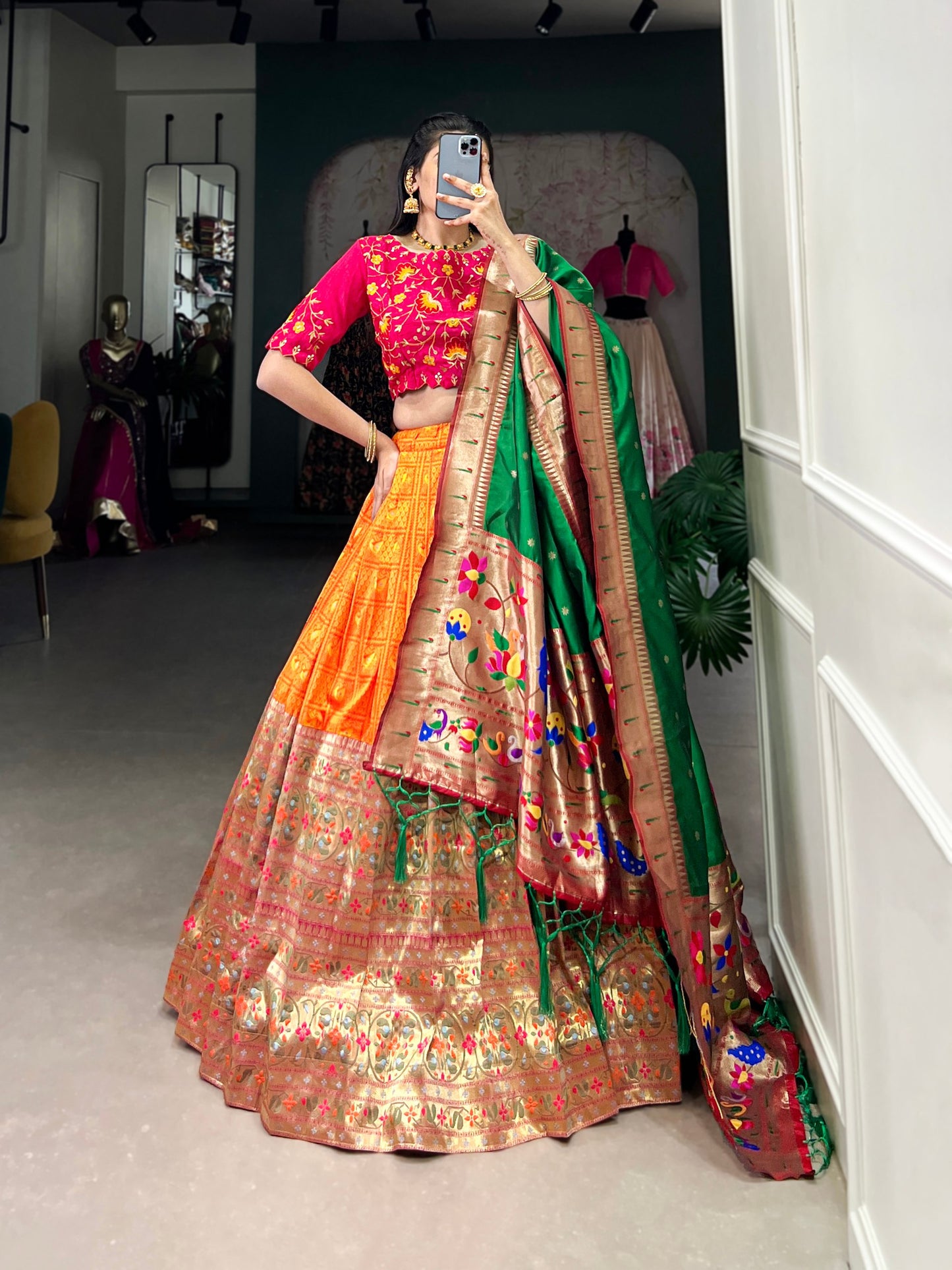 Orange Paithani Zari Weaving Work Lehenga