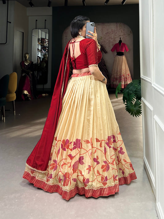 Maroon Green Silk Printed With Lace Touch Up Stitched Lehenga