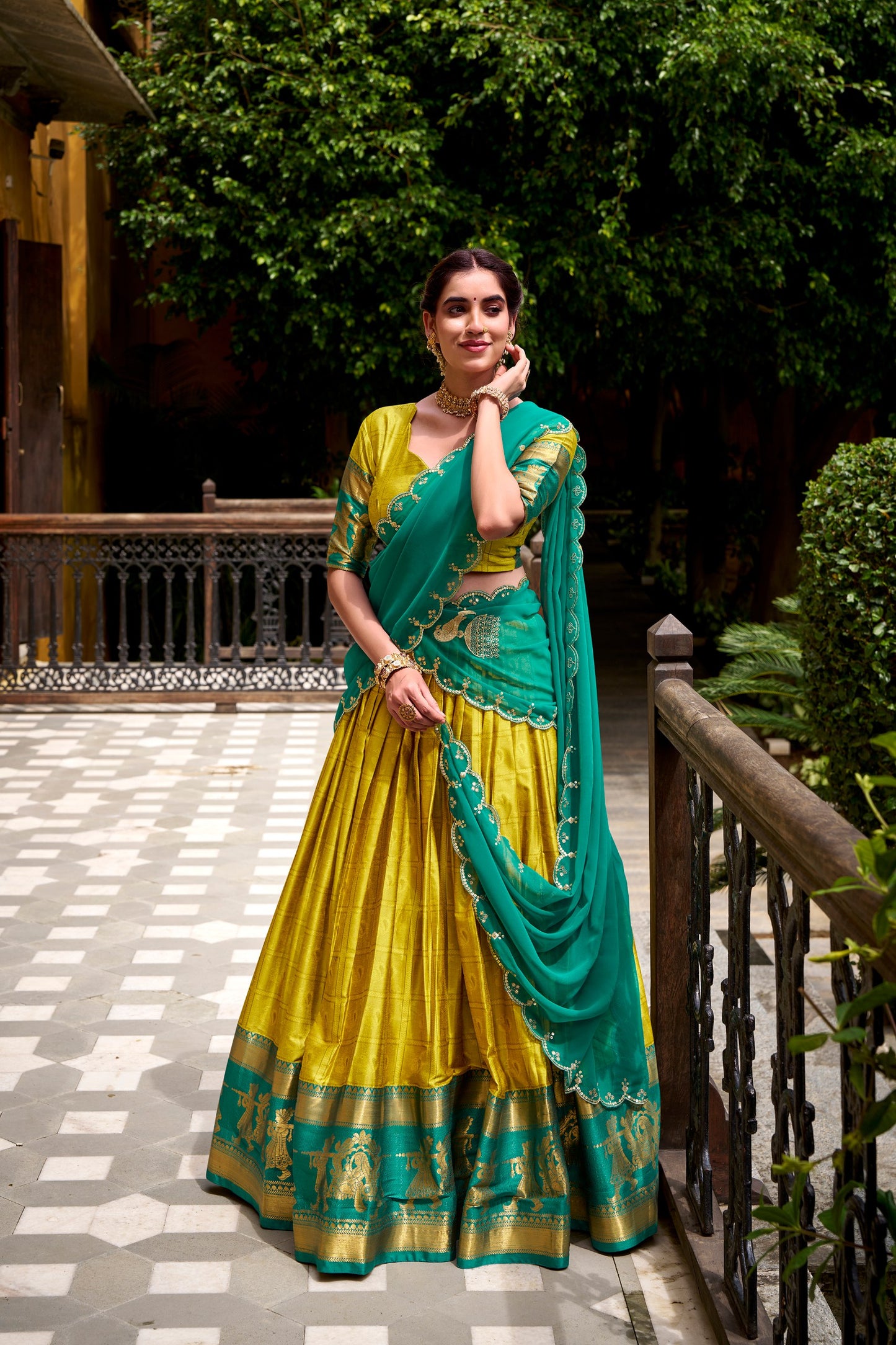 Yellow Poly Cotton Zari Weaving Work Every Celebration Lehenga