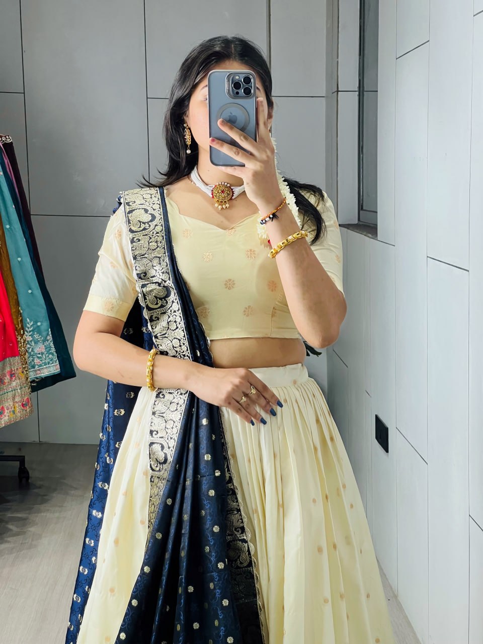 Navy Blue Paithani Silk Lehenga with Rich Zari Weaving, Traditional Butti & Designer Border