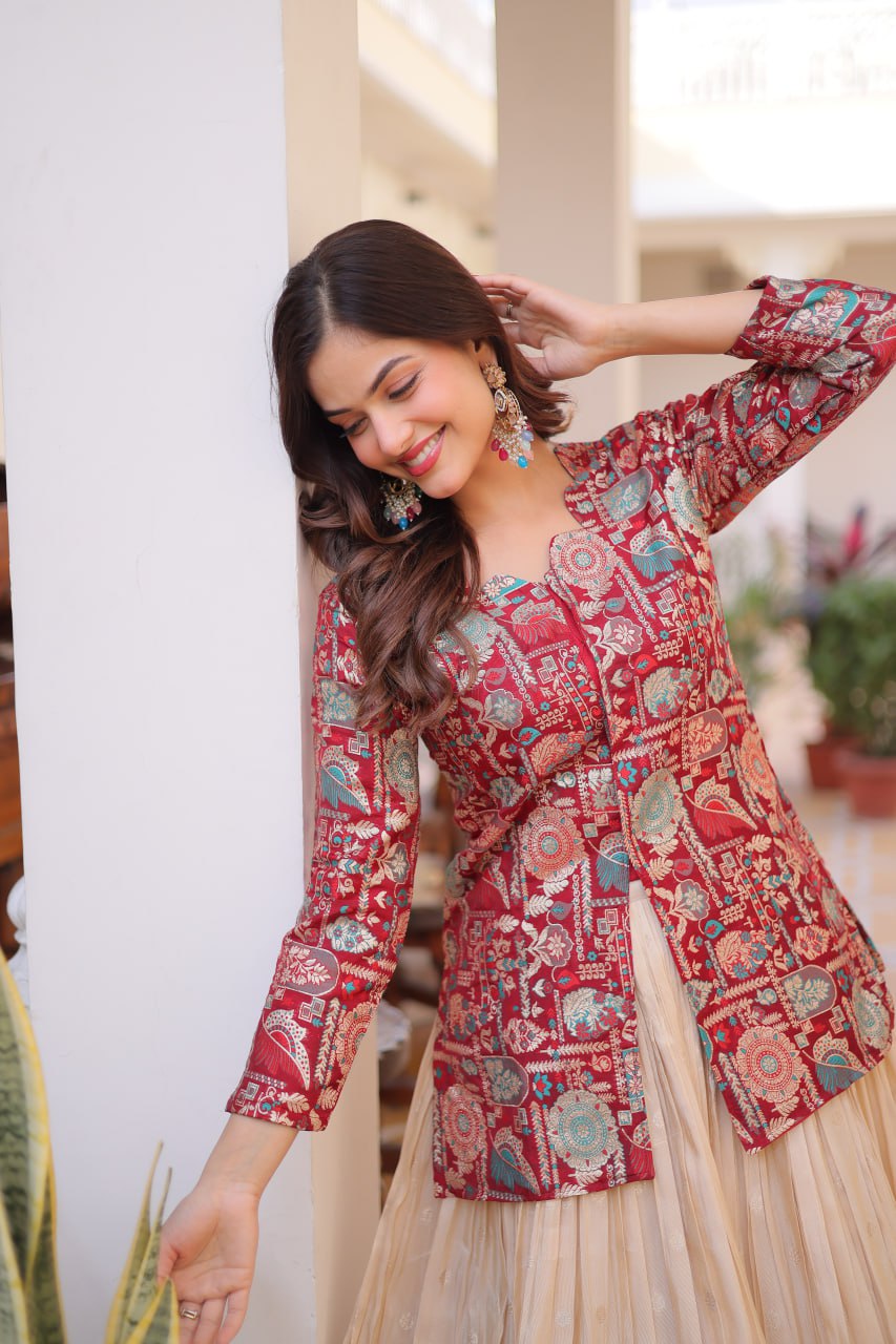 Wine Cosmos Weaving Jequard Work Lehenga Choli