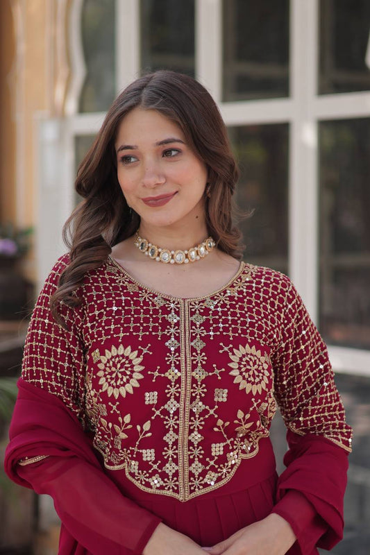 Pink Faux Blooming Georgette With Attractive Embroidered Pearl Work Gown