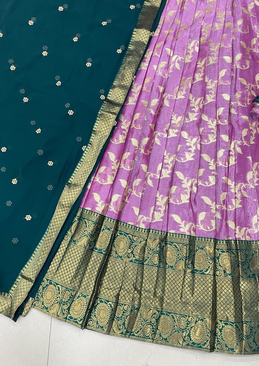 Lilac Purple & Dark Green Kanjivaram Silk Floral Zari Weaving Work South Indian Half Saree Lehenga Choli Set