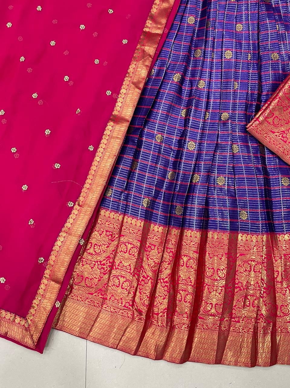 Royal Blue & Rani Pink Kanjivaram Silk Checkered Zari Weaving Work South Indian Half Saree Lehenga Choli Set