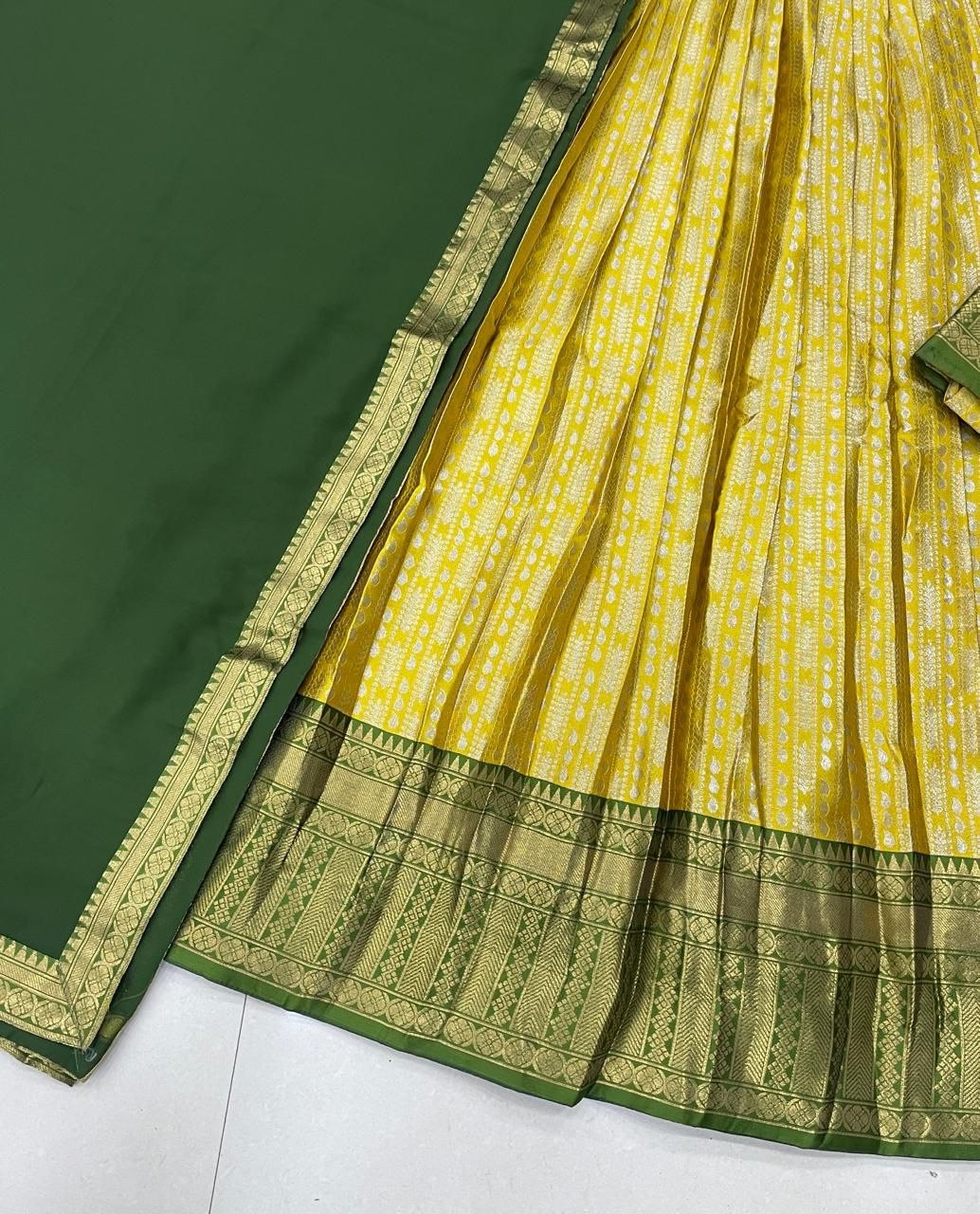 Yellow & Green Kanjivaram Silk Zari Weaving Work South Indian Half Saree Lehenga Choli Set