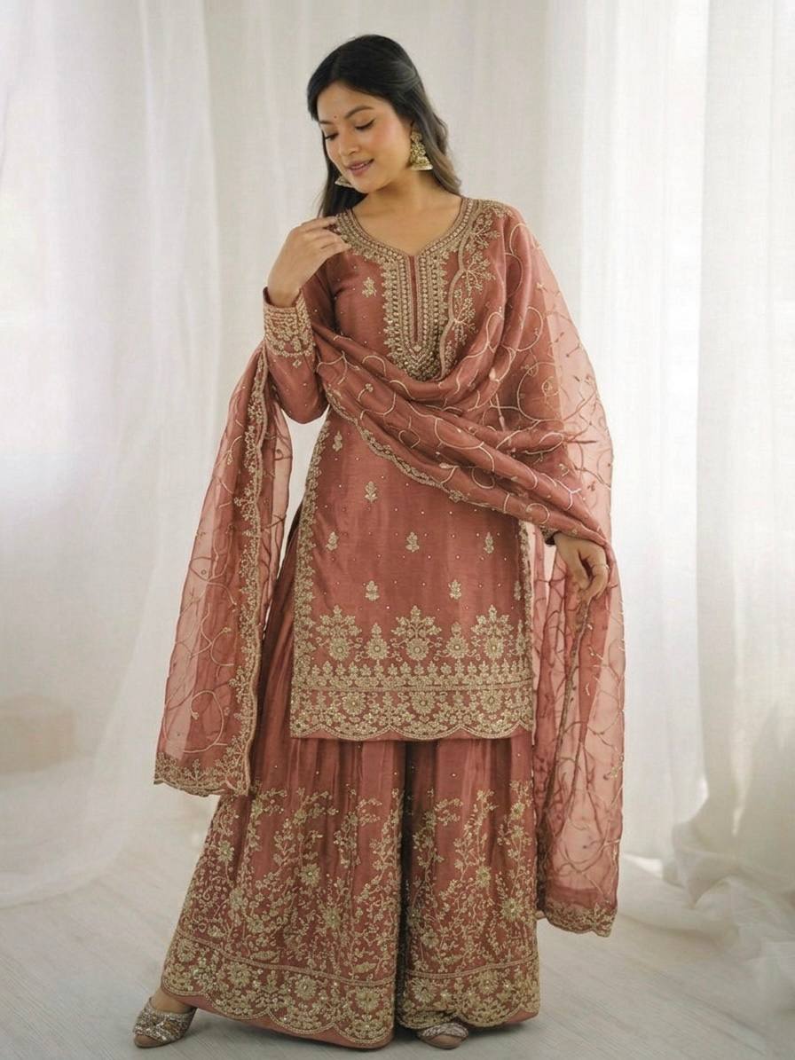 Peach Jimmy Silk Plazzo Set – Shimmering Sequence & Embroidery Work with Full Sleeves
