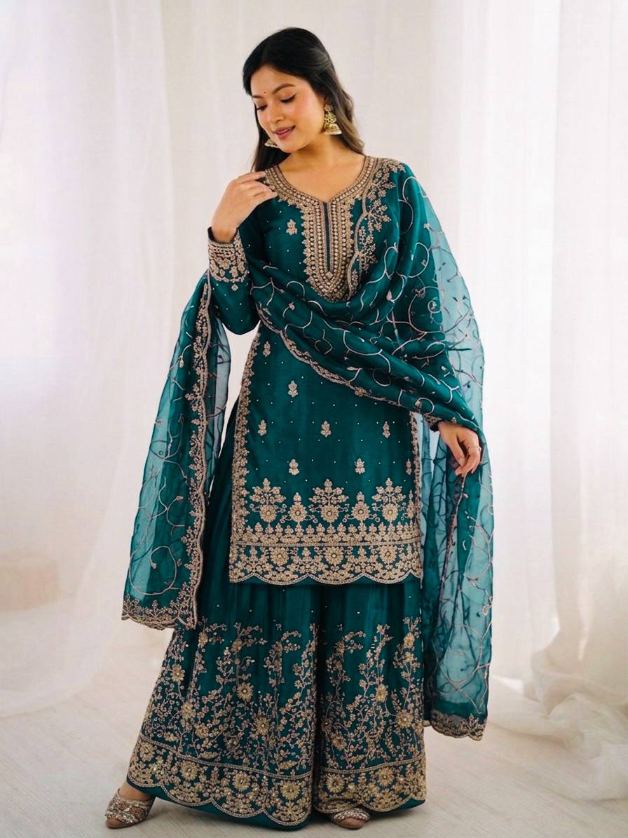Rama Blue Jimmy Silk Plazzo Set – Shimmering Sequence & Embroidery Work with Full Sleeves
