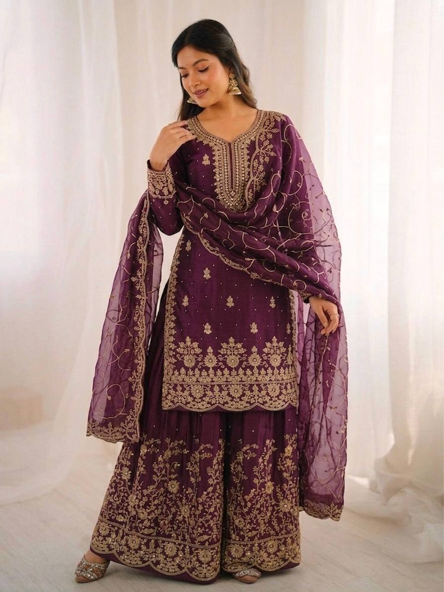 Wine Jimmy Silk Plazzo Set – Shimmering Sequence & Embroidery Work with Full Sleeves