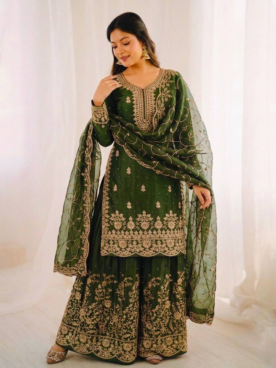 Mehendi Green Jimmy Silk Plazzo Set – Shimmering Sequence & Embroidery Work with Full Sleeves