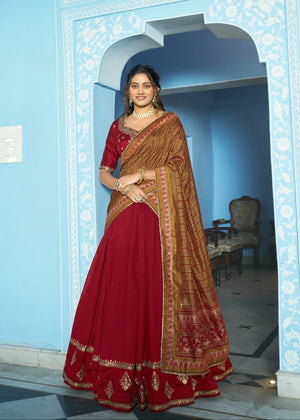 Deep Maroon Vichitra Silk Lehenga with Sequins and Thread Embroidery by The Beauty Queen Surat