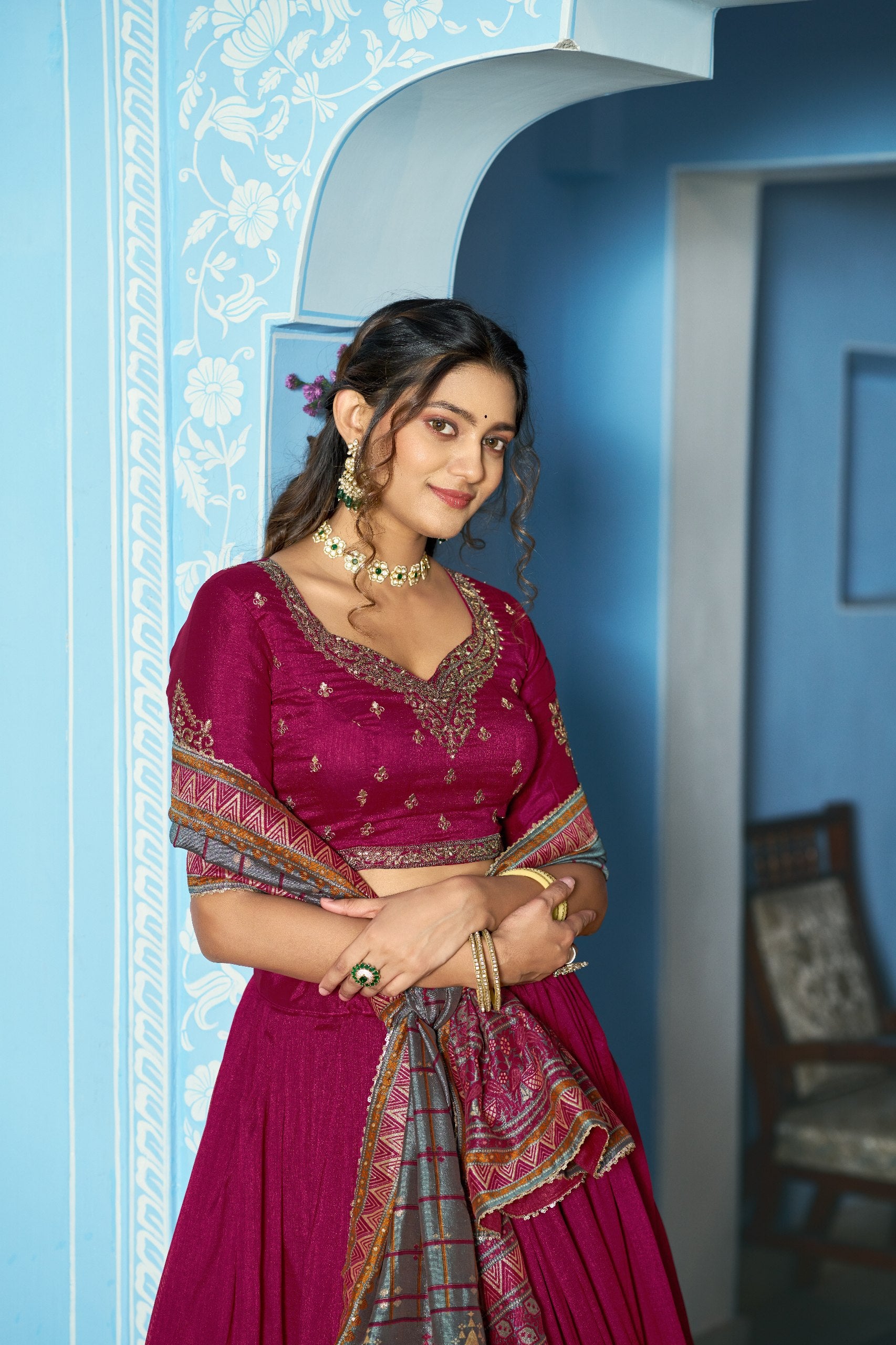 Magenta Pink & Slate Grey Vichitra Silk Lehenga Choli – Premium Sequins & Thread Work