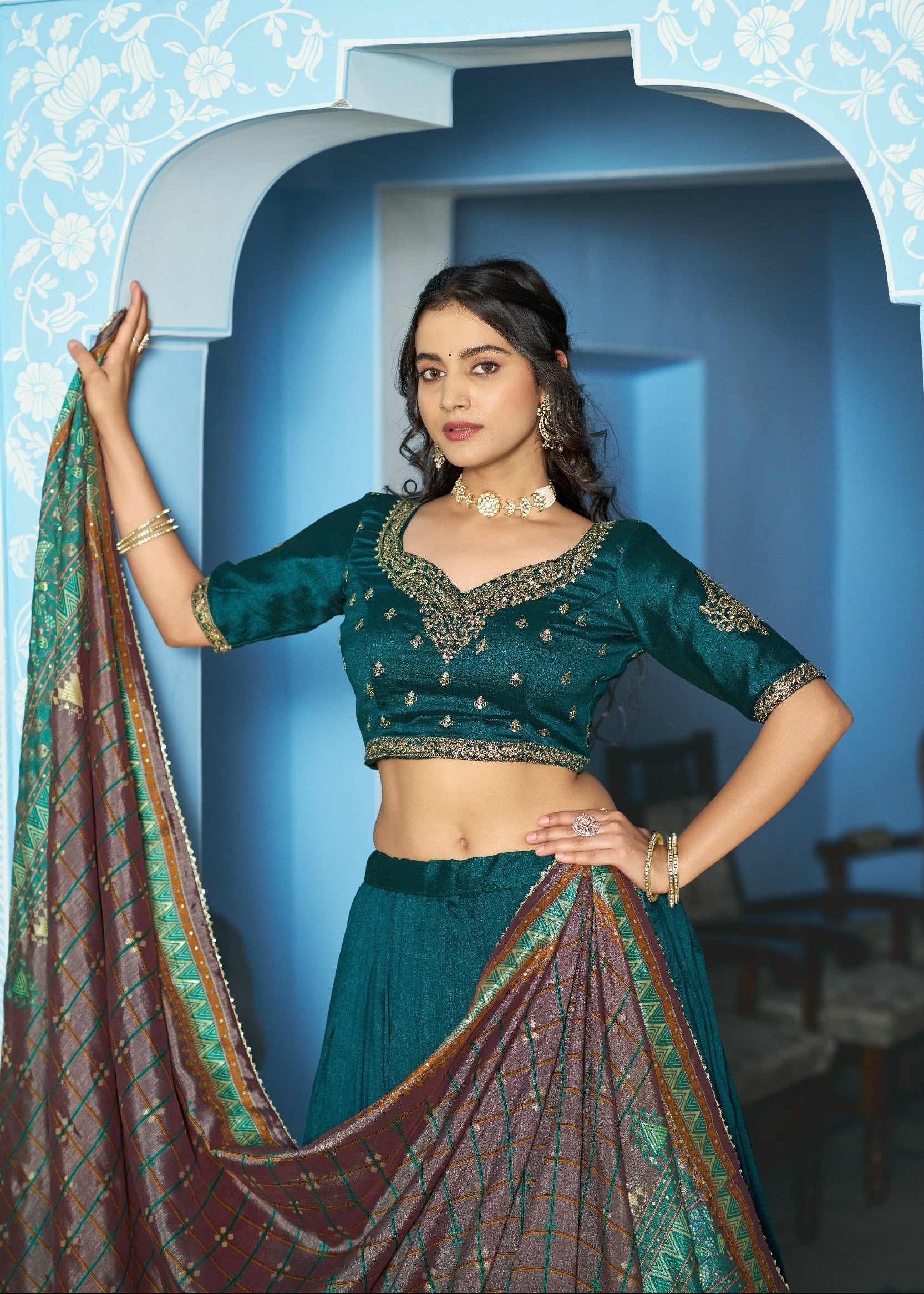 Teal Blue Vichitra Silk Lehenga Choli – Premium Sequins & Thread Embroidery Work