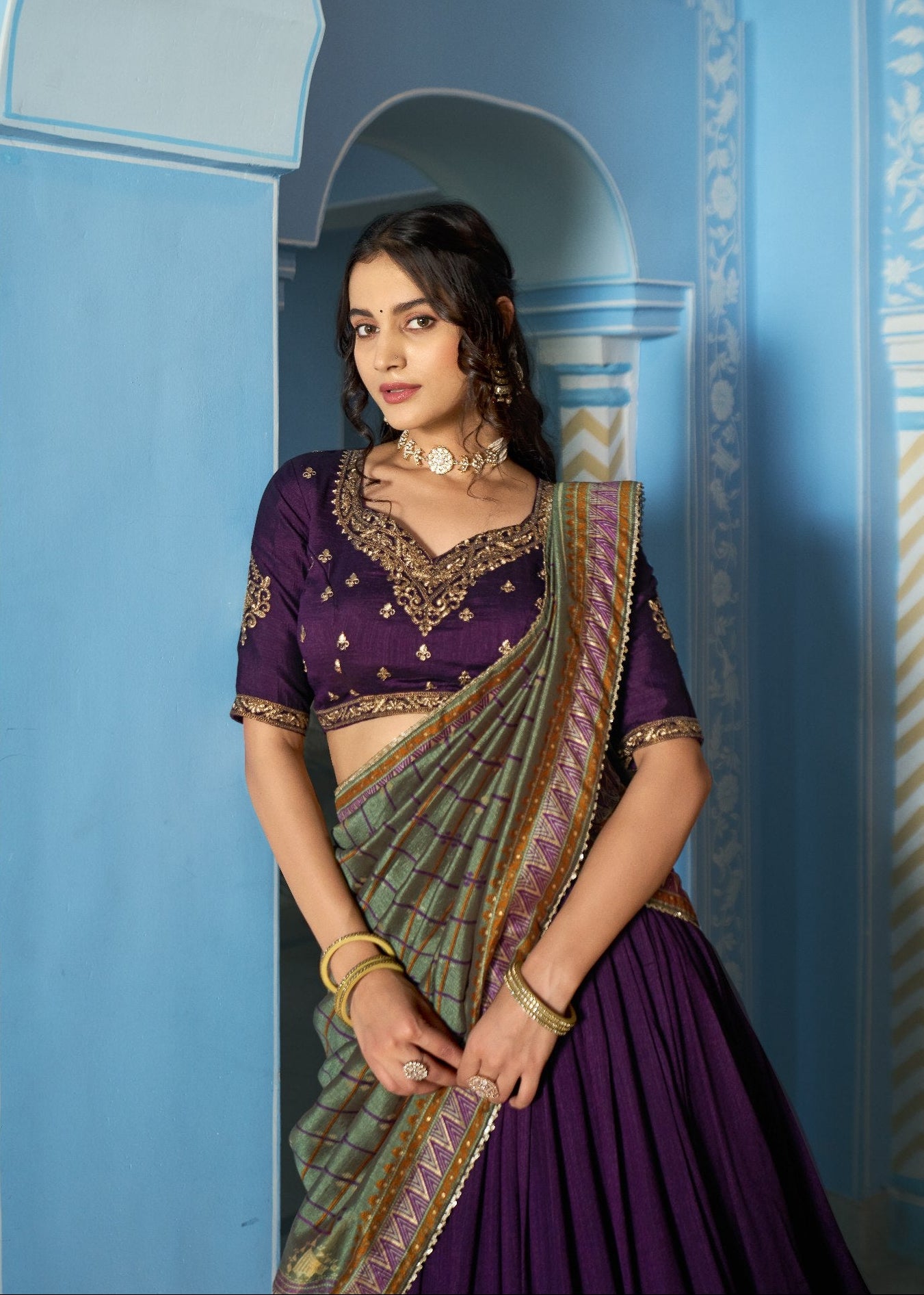 Deep Purple Vichitra Silk Lehenga Choli – Premium Sequins & Thread Embroidery Set
