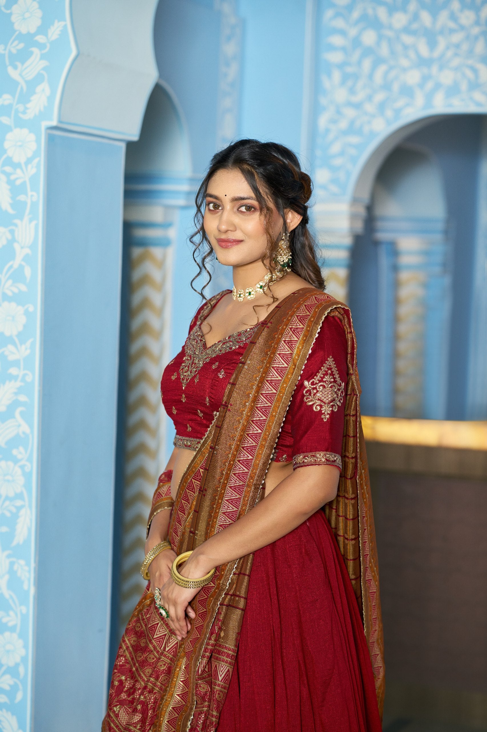 Deep Maroon Vichitra Silk Lehenga Choli – Premium Sequins & Thread Embroidery Work
