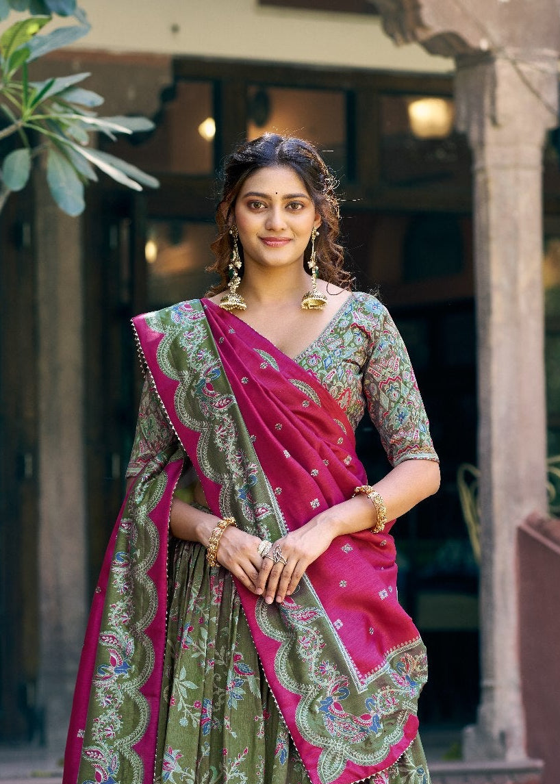 Olive Green & Magenta Pink Tasar Silk Gilded Motif Printed Lehenga Choli Set