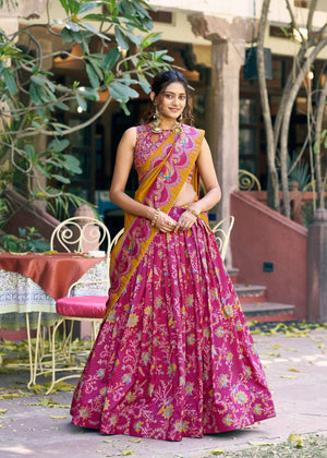 Magenta Pink Tasar Silk Lehenga with Mustard Yellow Dupatta and Gilded Motif Floral Print by The Beauty Queen Surat