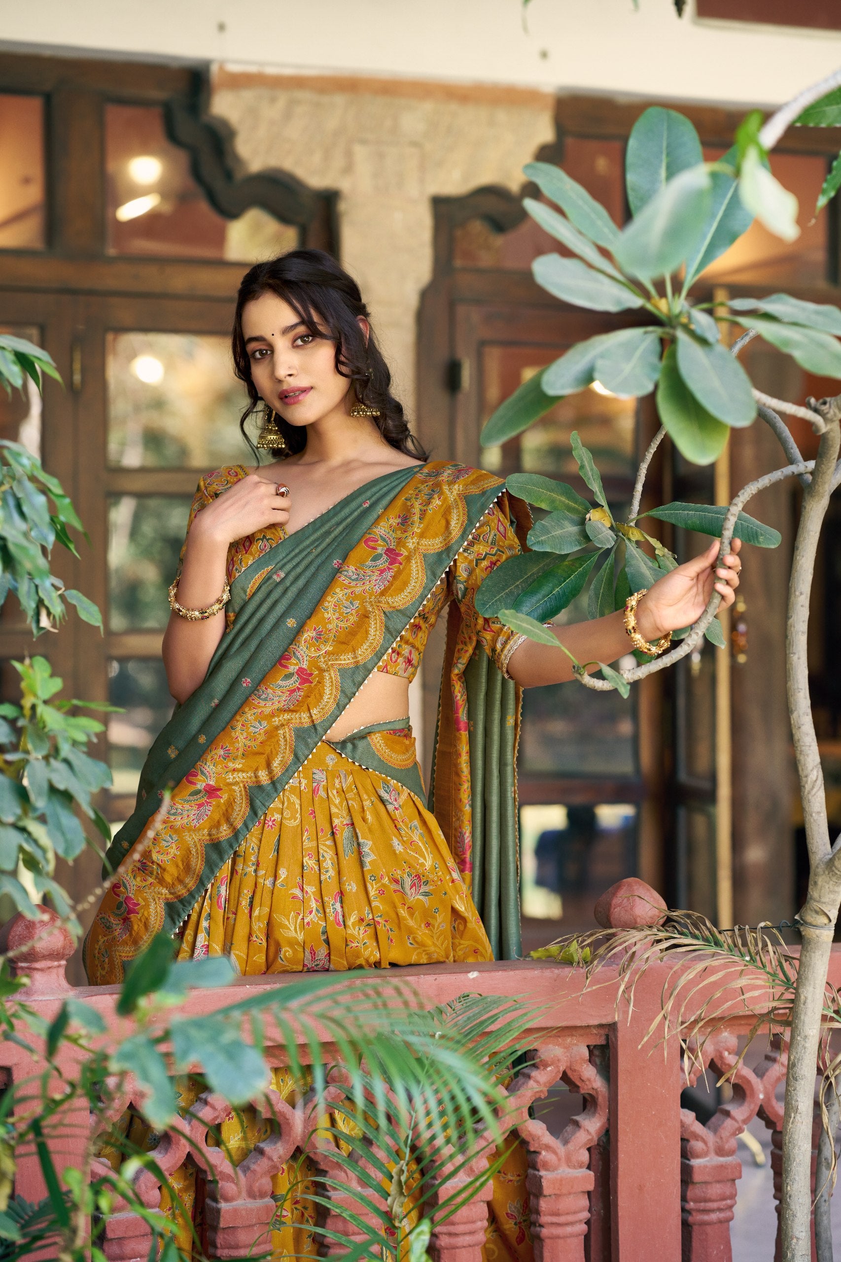Mustard Yellow & Sea Green Tasar Silk Gilded Motif Printed Lehenga Choli Set