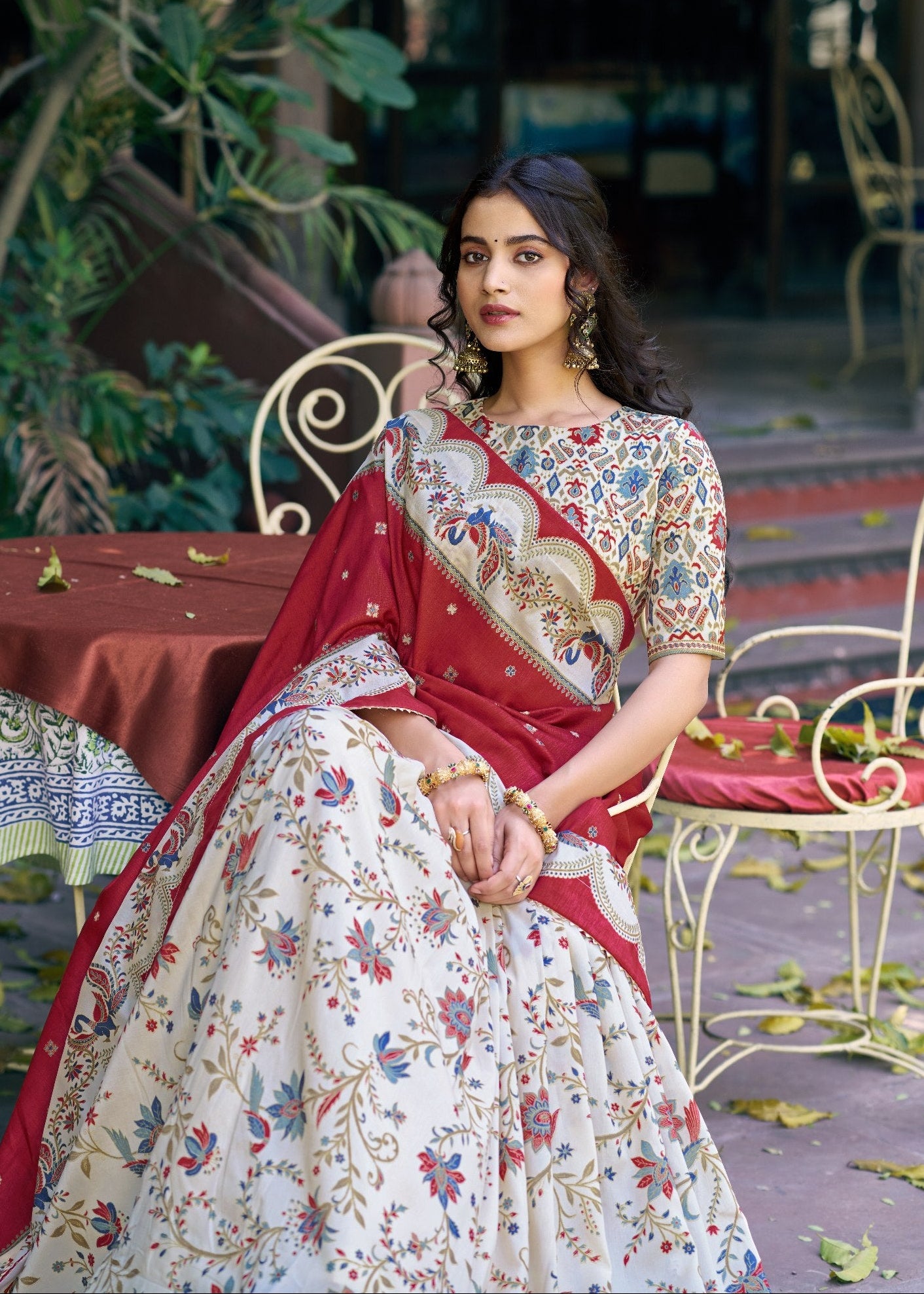 Ivory White & Brick Red Tasar Silk Gilded Motif Printed Lehenga Choli Set