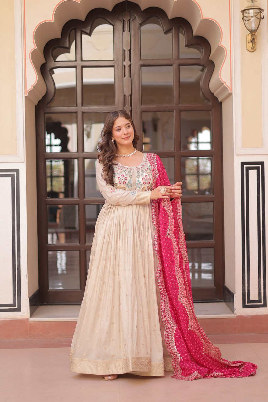Off White Pink Cosmos Weaving Jequard With Pearl Beads Embroidered Work Gown