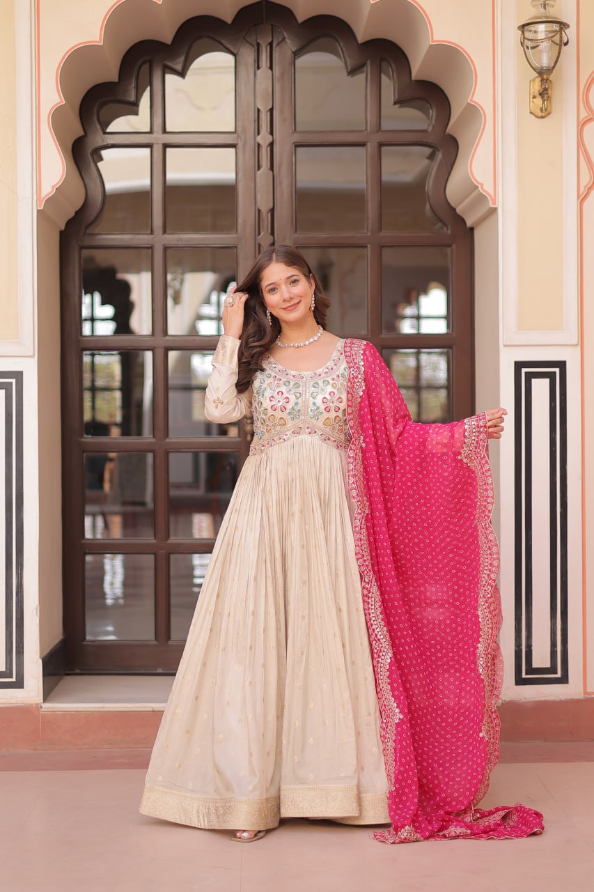 Off White Pink Cosmos Weaving Jequard With Pearl Beads Embroidered Work Gown