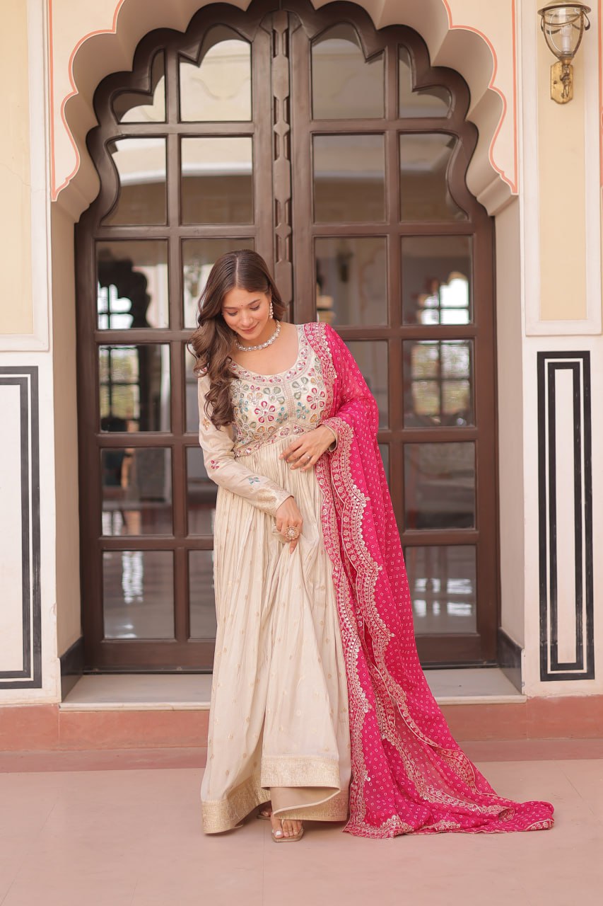 Off White Pink Cosmos Weaving Jequard With Pearl Beads Embroidered Work Gown