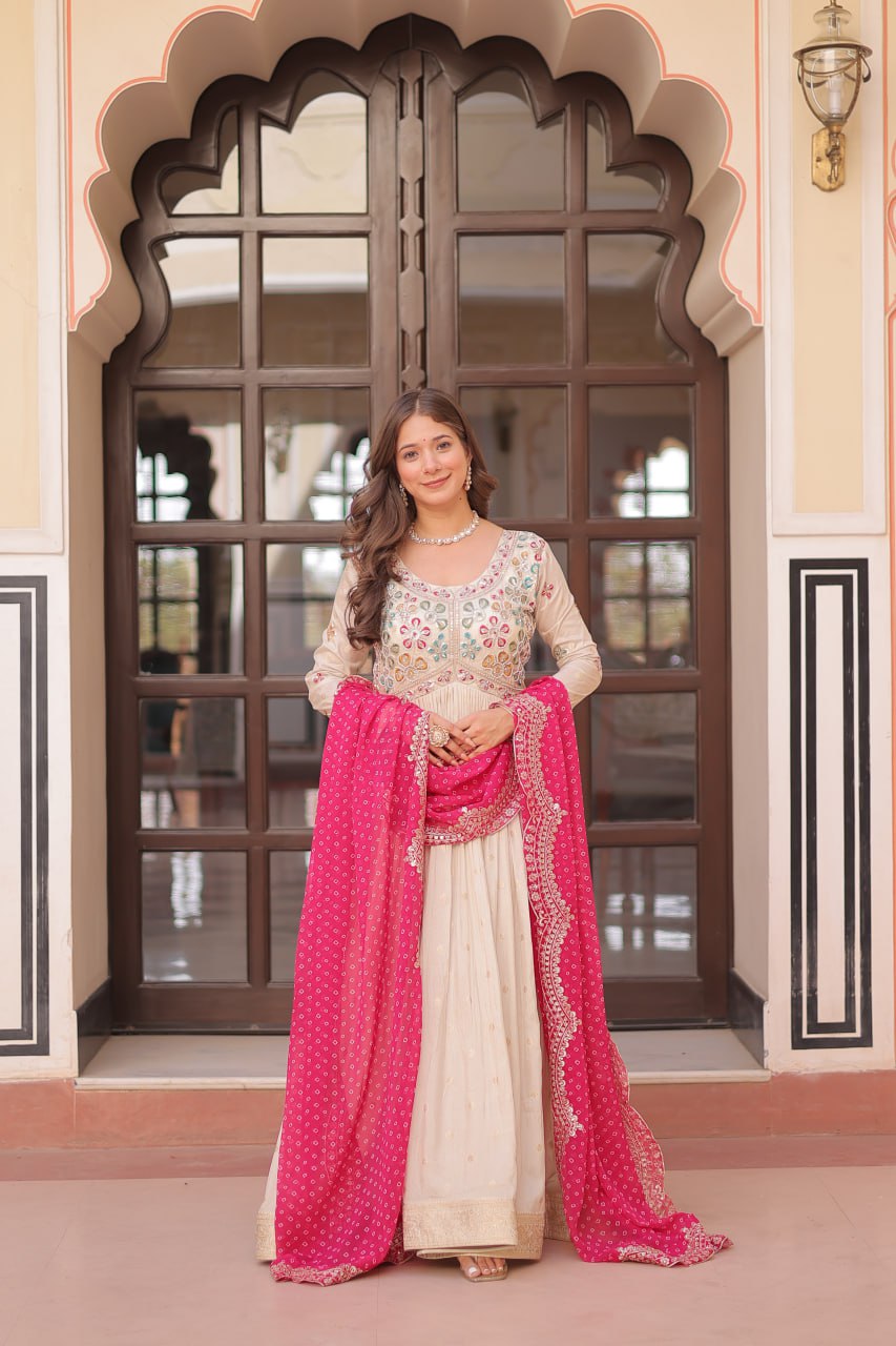 Off White Pink Cosmos Weaving Jequard With Pearl Beads Embroidered Work Gown