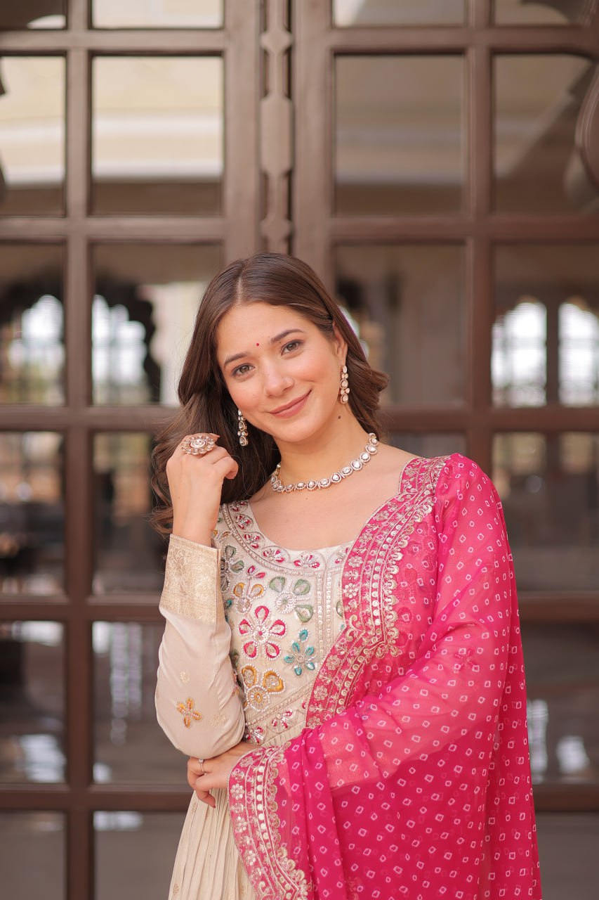 Off White Pink Cosmos Weaving Jequard With Pearl Beads Embroidered Work Gown