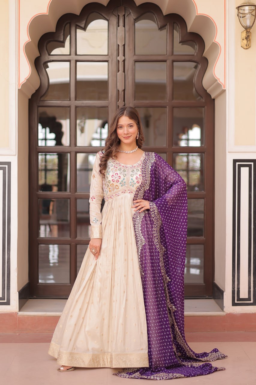 Off White Purple Cosmos Weaving Jequard With Pearl Beads Embroidered Work Gown