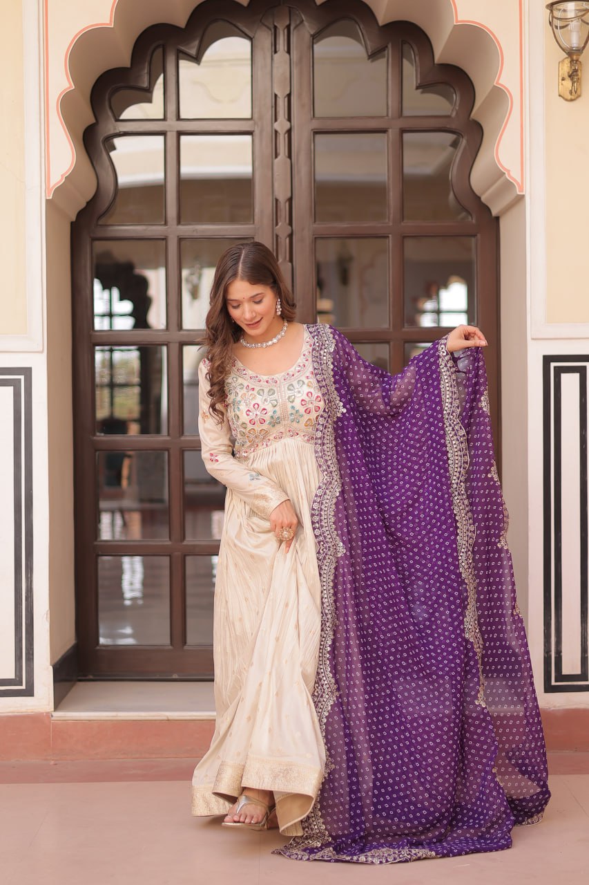 Off White Purple Cosmos Weaving Jequard With Pearl Beads Embroidered Work Gown