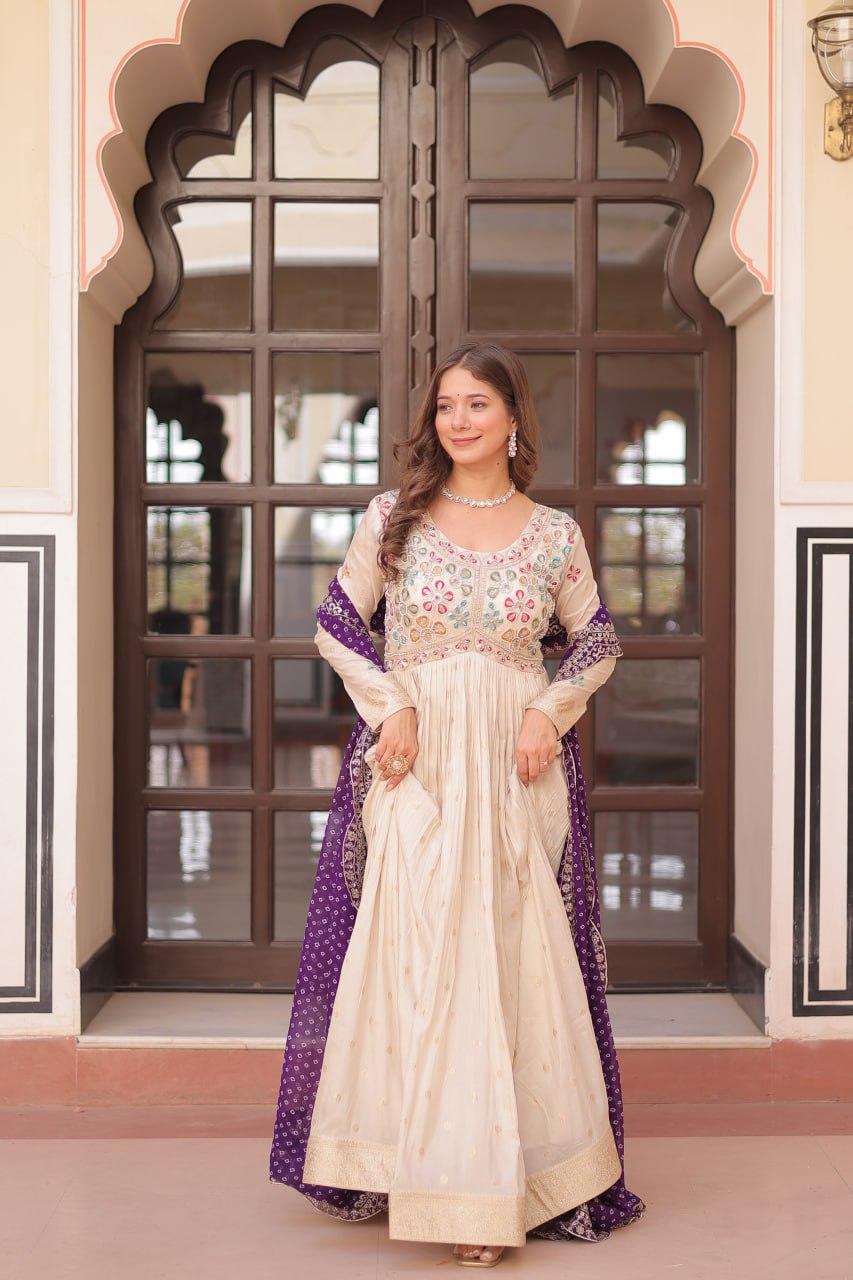 Off White Purple Cosmos Weaving Jequard With Pearl Beads Embroidered Work Gown