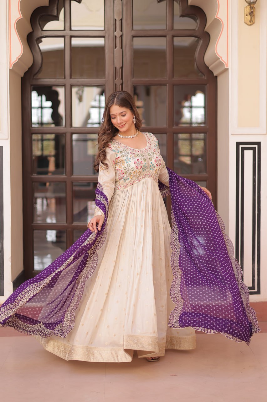 Off White Purple Cosmos Weaving Jequard With Pearl Beads Embroidered Work Gown