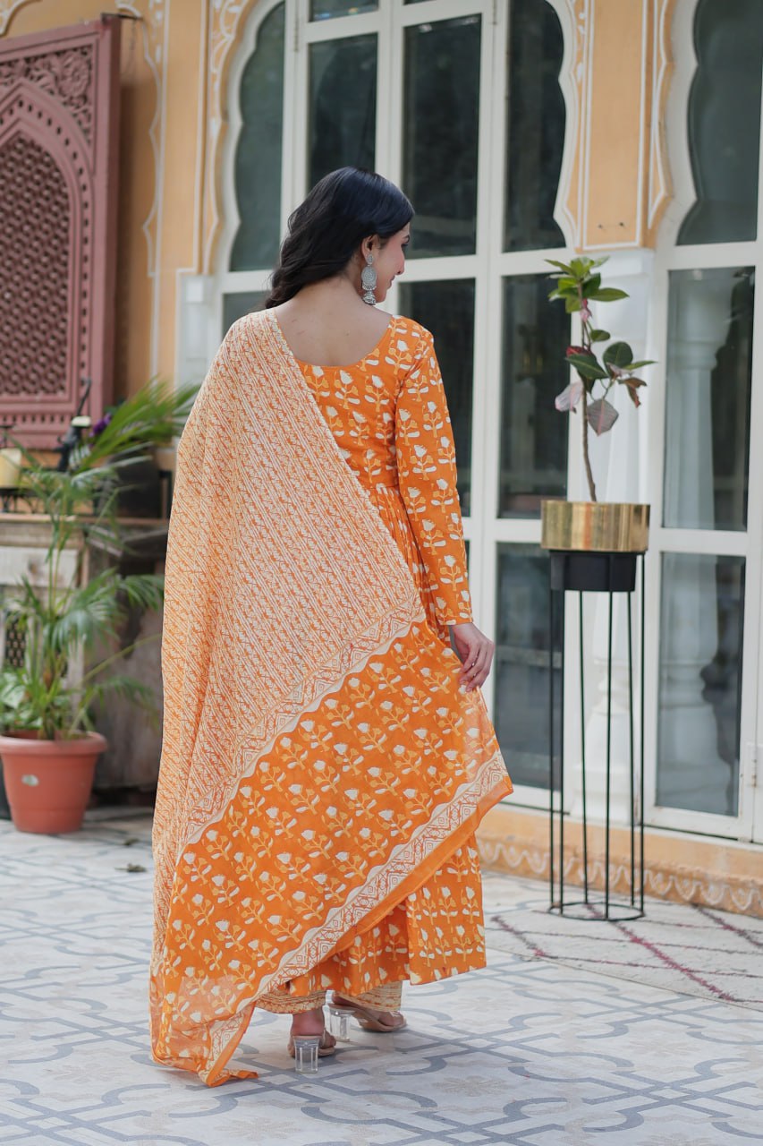 Orange Pure Cotton Readymade Kurti With Pant Dupatta Set