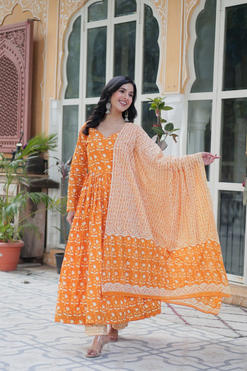 Orange Pure Cotton Readymade Kurti With Pant Dupatta Set
